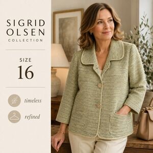 Sigrid Olsen Blazer Womens 16 Sage Green Tweed 3/4‎ Sleeve Wool Blend Jacket
